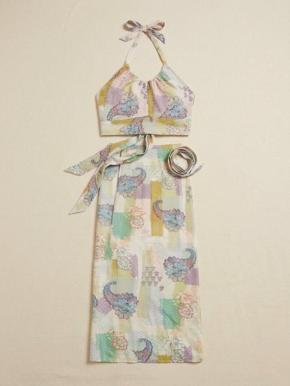 Pastel Paisley Halter Dress for Ladies - Multi Color Tie Back Wrap Skirt